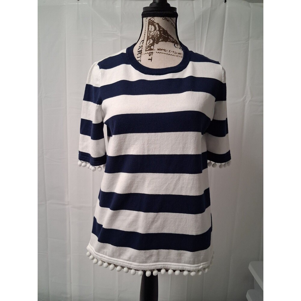 Pappagallo Women's S Navy White Striped Knit Top Pom Pom Hem Short Sleeve Small